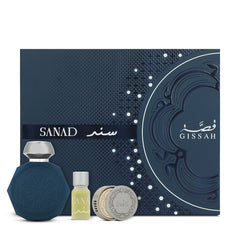 Gissah Sanad Perfume Gift Set – 4-piece luxury set featuring Sweet Ambery Woody Eau de Parfum, car diffuser, oil refill, and diary; perfect unisex fragrance gift.