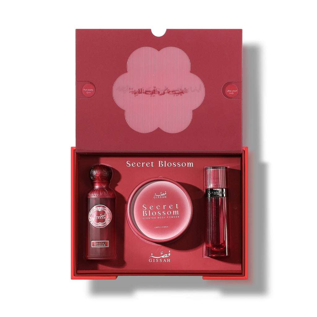 Secret Blossom Set by Gissah | 50ml EDP + 10g Scented Body Powder + 20ml Khamriya - مجموعة سيكريت بلوسوم - قصة | 50 مل عطر + 10 غرام باودر معطر للجسم + 20 مل خمرية