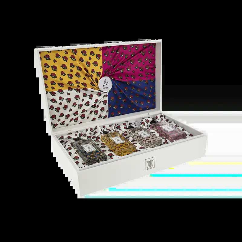 Shalki Collection by Arabian Oud | Set of 4 Fragrances – Blue, Pink, White, Yellow – 100ML Each - مجموعة شالكي من العربية للعود | ٤ عطور فاخرة – شالكي بلو، بينك، وايت، يلو - 100 مل لكل عطر