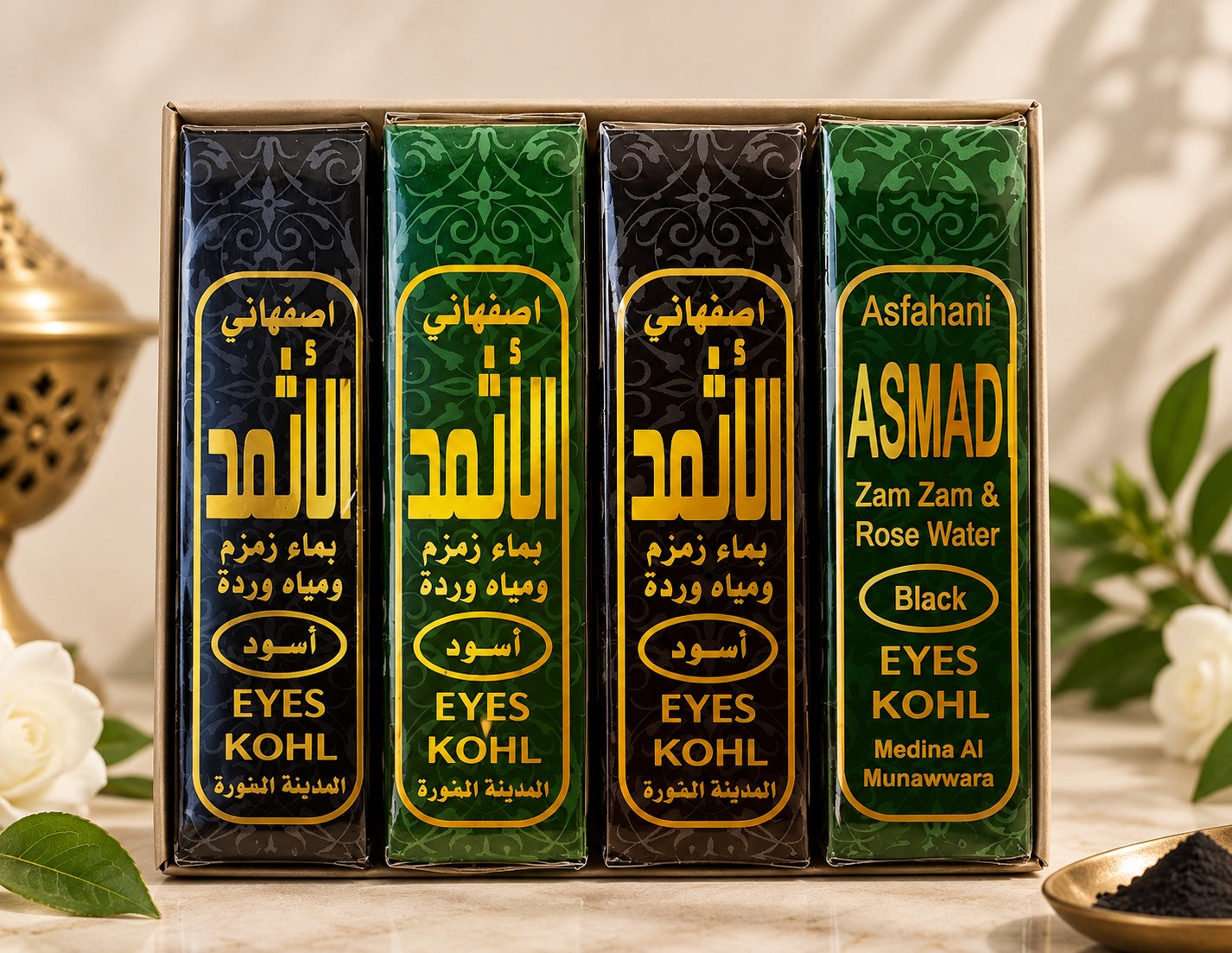 Asfahani black Ithmid kohl with Zamzam and rose water