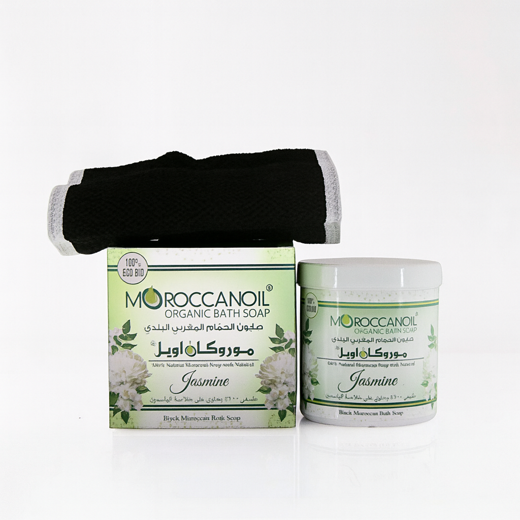 Moroccan Oil Bath Soap 250 g + Moroccan Exfoliating Glove - صابون مغربي ٢٥٠ جم + ليفة مغربية (كسّال مغربي)