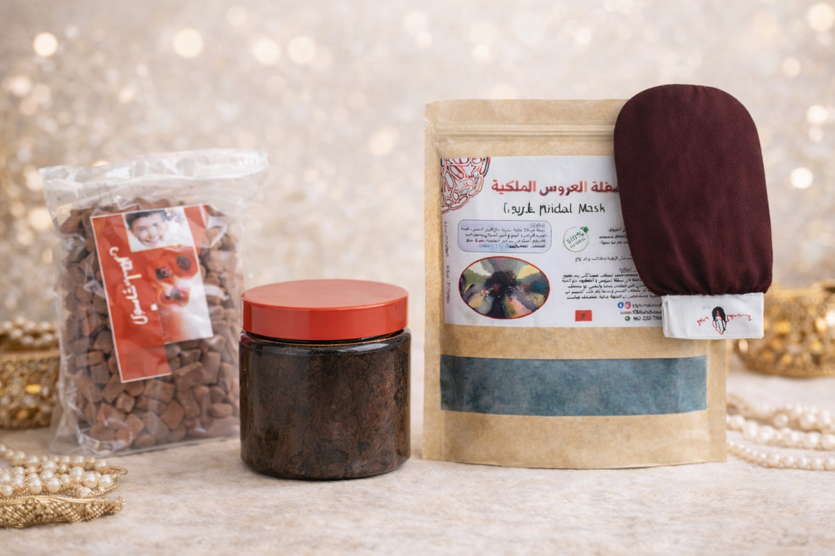Moroccan Hammam Essentials Bundle – Authentic Black Soap, Kessa Glove & Ghassoul Clay Set - باكدج أساسيات الحمام المغربي – صابون مغربي أصلي + ليفة كيسة + غاسول + صقلة العروس