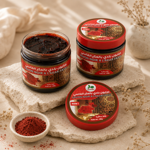 Moroccan black soap for body exfoliation with a kessa glove