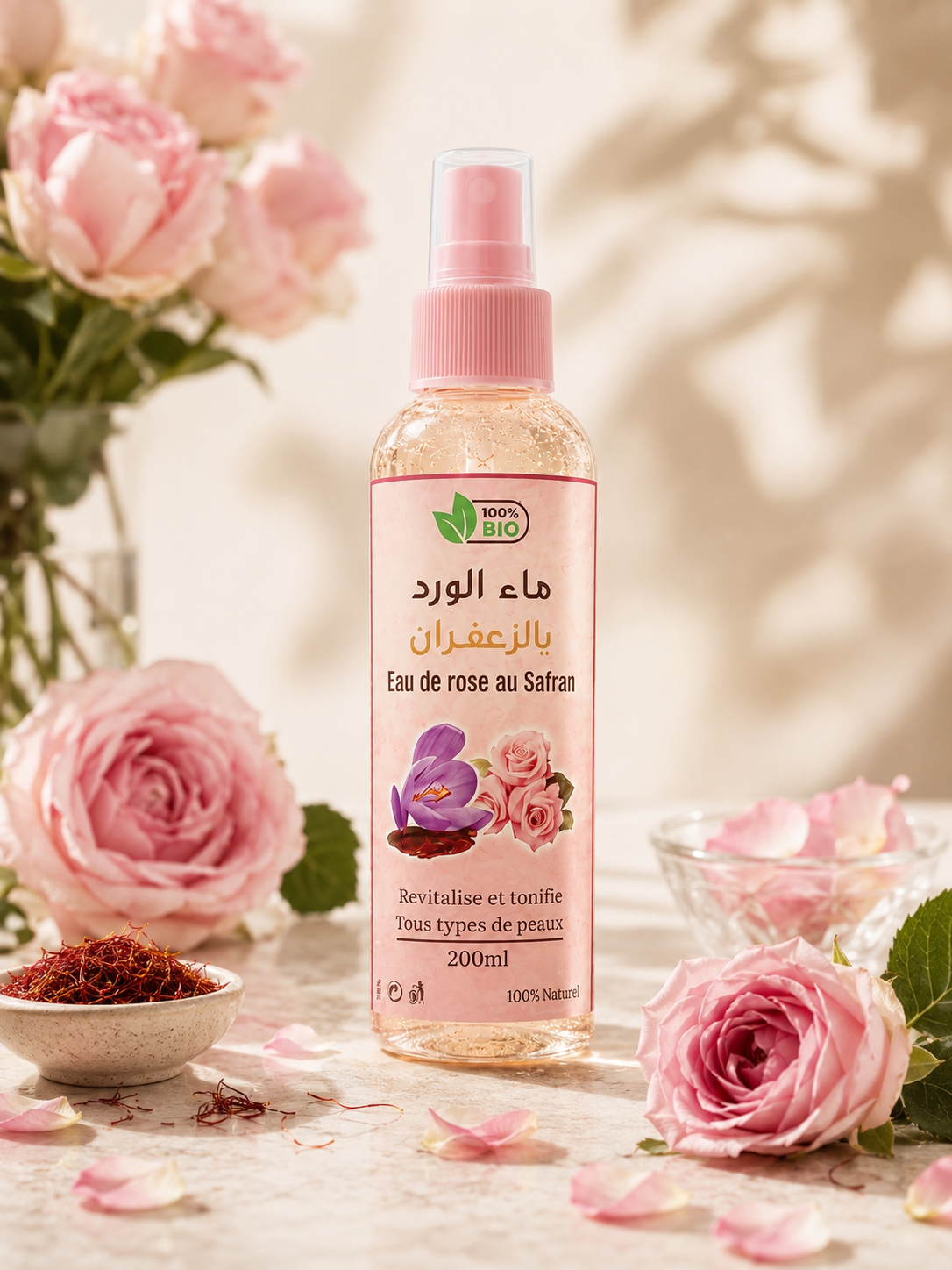 Organic Rose Water & Saffron Face Mist Toner – 200ml | ماء الورد بالزعفران