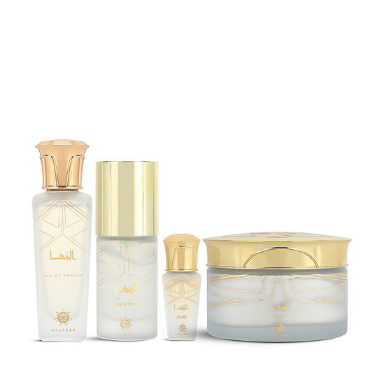 Al-Maha Set by Asateer | Perfume, Body Powder, Khamriya & Musk Oil Set - مجموعة المها من الأساطير | عطر وبودرة وخمرية وزيت مسك فاخر