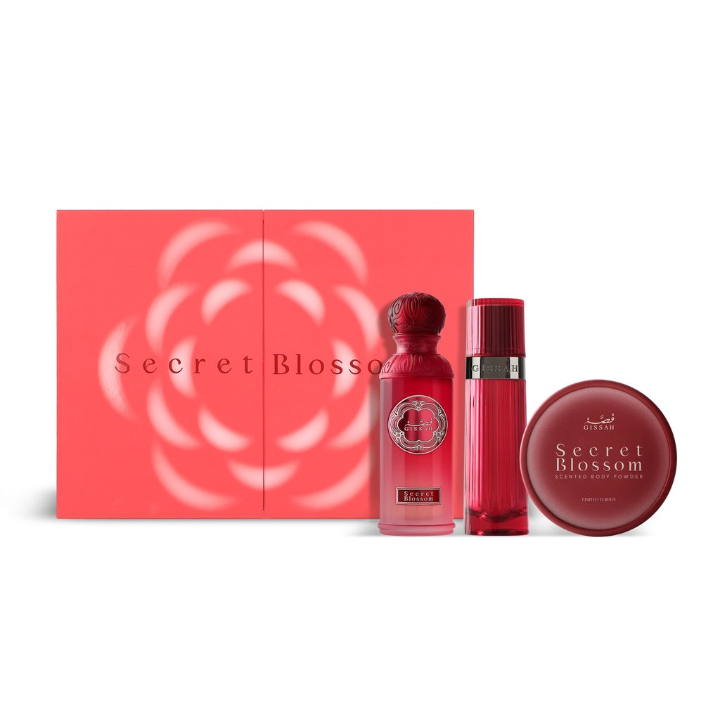 Secret Blossom Set by Gissah | 50ml EDP + 10g Scented Body Powder + 20ml Khamriya - مجموعة سيكريت بلوسوم - قصة | 50 مل عطر + 10 غرام باودر معطر للجسم + 20 مل خمرية